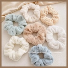 Set of 7 soft plush hair scrunchies in cream and blue for autumn and winter styles