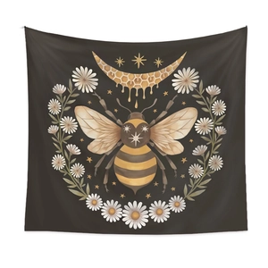 Bohemian tapestry featuring a vintage bee and daisy floral design for room wall decor