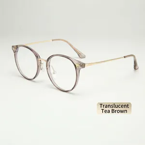 Retro round TR eyewear frame in transparent tea color with slim gold metal temples