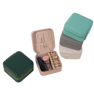 Portable faux leather jewelry organizer box with hooks and slots in various colors