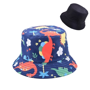 Cappello da pescatore reversibile per bambini con stampa dinosauro blu e nero tinta unita