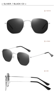 Detailed views of silver metal irregular sunglasses with black polarized lenses from three angles