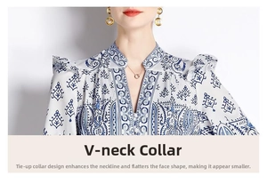 Detail of V-neckline with ties and blue paisley pattern on vintage white blouse