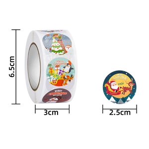 Detailed size chart for Christmas cartoon stickers with 2.5cm diameter and 6.5cm roll
