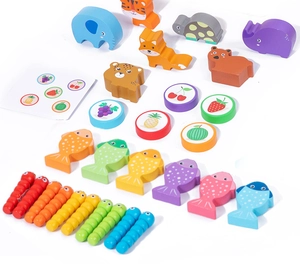 Detailed components of wooden Montessori educational toy set with animals and fruits
