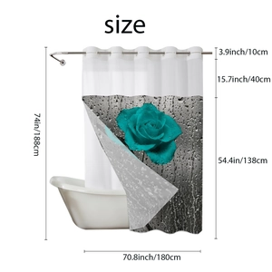 Detailed view of turquoise rose pattern waterproof shower curtain with exact dimensions