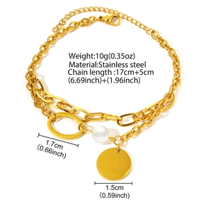 Baroque irregular stainless steel bracelet with pearl and round pendant on gold chain
