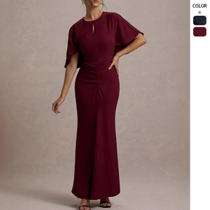 Abito Lungo Sexy In Poliestere Arricciato Da Donna Con Maniche A Mantella Elegante Traforato Da Sera