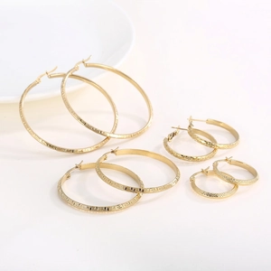 Stainless Steel Gold Plated Hoop Earrings Women Geometric Meander Greek Key Pattern Diamond Texture Fashion Jewelry