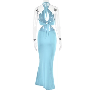 Vue arrière du haut licou bleu clair à nouer et de la jupe longue sur un mannequin