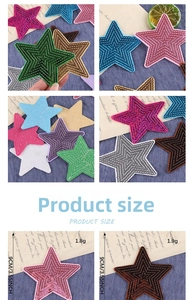 Macro shot of 9cm sequin star embroidery patches showing detailed texture and dimensions