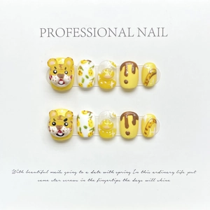 Handmade press-on nails with 3D cartoon tiger and floral art in bright yellow color