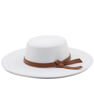 Vintage Flat Top Boater Hat Wide Brim Cotton Polyester Felt Elegant British Style Fedora With Leather Band Men Women