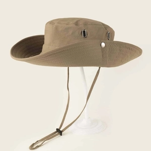 Khaki wide brim outdoor sun hat with breathable mesh vents and adjustable chin strap