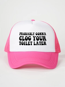 Close-up of pink and white mesh trucker hat with funny black letter slogan on front