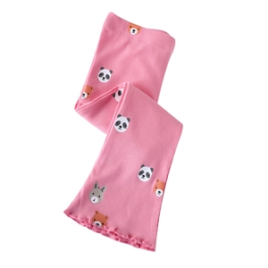 Girl's pink ribbed knit flare leggings with adorable panda and bear pattern print
