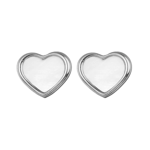 Minimalist silver heart stud earrings with white shell inlay for a refined women's look