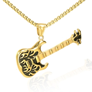 Men's gold and black guitar pendant necklace in stainless steel with box chain style