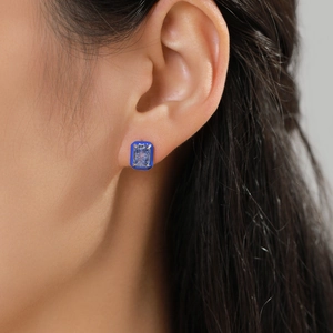 S925 silver stud earring featuring emerald-cut blue crystal and light blue enamel frame