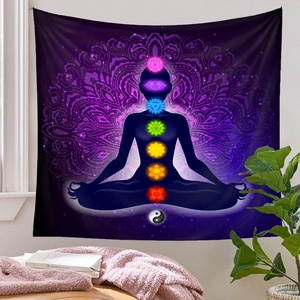 Detailed close-up of meditation tapestry featuring 7 chakras and mandala art on white wall