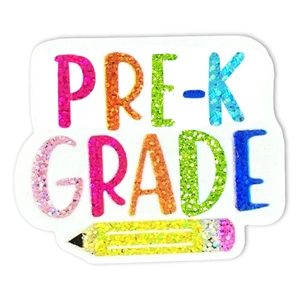 Sparkly Pre-K Grade teacher brooch with colorful pencil design on white background