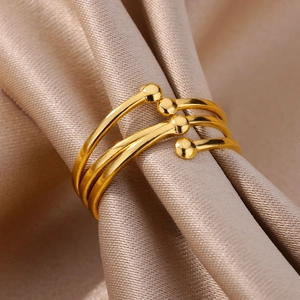 Macro view of gold-plated 18k stainless steel ring with four-layer minimalist design