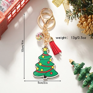 Christmas tree wooden keychain with colorful sequins globe and red tassel holiday gift