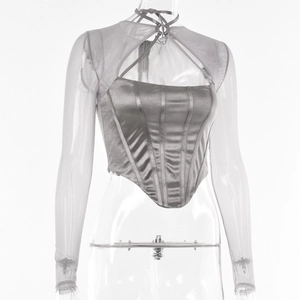 Detail of gray satin corset top with sheer mesh shrug and visible boning structure