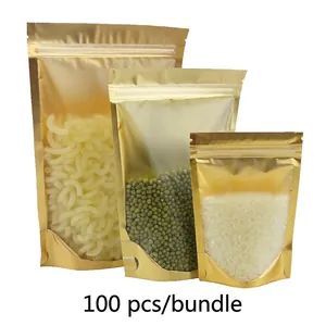 Stand Up Zip Lock Bags Aluminum Foil Plastic With Matte Clear Window Gold Interior Reusable For Food Tea Storage