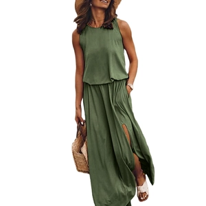 Army green two-piece maxi dress set featuring a sleeveless top and high side slit skirt