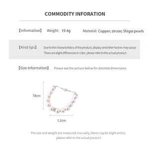 Detailed sizing chart and material specs for the zircon flower and pearl beaded bracelet