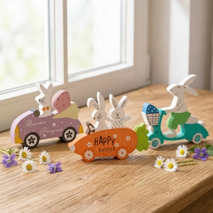 Detailed close-up of three wooden Easter rabbit figurines in colorful vehicles