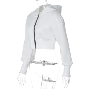 Detail of white cropped zip-up hoodie featuring ribbed cuffs and metal zipper hardware