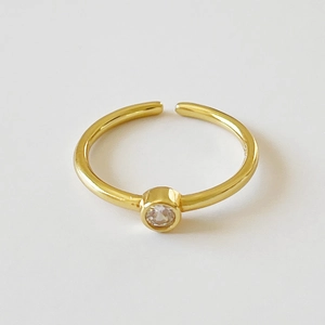 Minimalist 925 sterling silver open ring with a single round zircon in gold finish