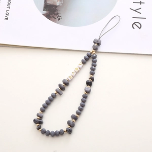 Beaded wrist strap for phone with grey crystal stones and white LOVE letter charms