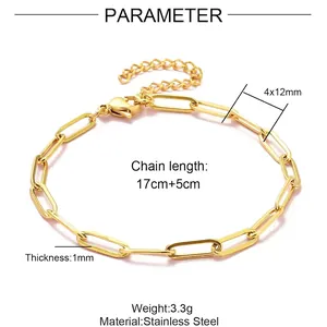 18K gold plated stainless steel paperclip chain bracelet with dimensions and parameters