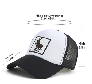 Detaillierte Größenangabe für die schwarz-weiße Mesh-Trucker-Kappe mit Esel-Patch
