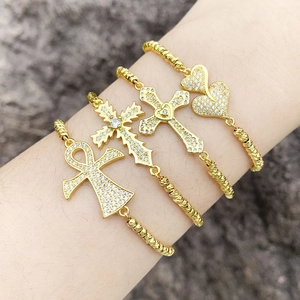 Elegant Gold Plated Copper Bolo Bracelet With Zircon Ankh Cross Heart Charms Adjustable Box Chain For Women