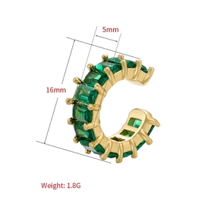 Green emerald cut cubic zirconia ear cuff in gold finish, size 16mm x 5mm, 1.8g weight