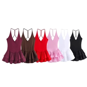 Halter Mini Dress V Neck Backless Cross Straps Double Layer Ruffle Hem Solid Color Polyester Slim Fit Elegant Summer