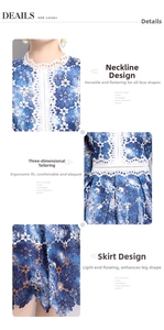 Close-up of intricate blue floral lace neck, waist cutout and wavy lace dress hemline