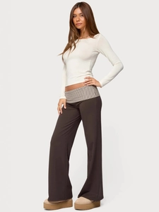 Women's American casual low waist wide leg pants with stylish fold-over striped waistband