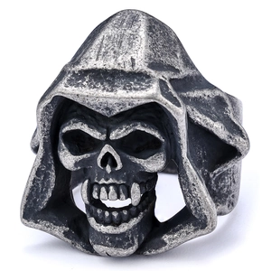 Punk gothic skull reaper ring in vintage silver finish with oxidized metal textures