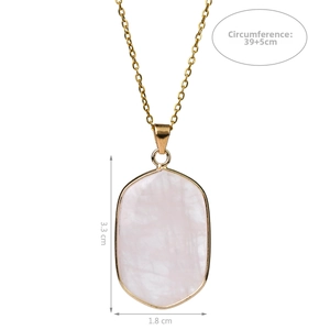 Detailed view showing dimensions of pink crystal hexagon pendant and gold chain necklace