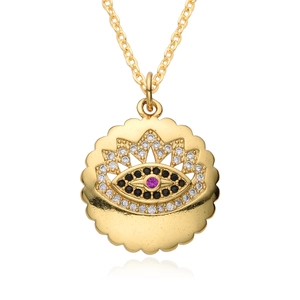 Retro 18K gold plated evil eye pendant necklace with zircon crystals and purple center stone