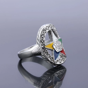 Detail of Order of the Eastern Star stainless steel ring with colorful enamel inlay