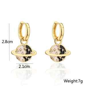 Detail view of 18K gold plated globe earrings with black enamel and dimensions labels
