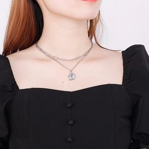 Double-layered silver stainless steel necklace with a 3D rose flower pendant for women