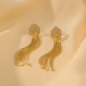 French style 18k gold plated titanium tassel earrings with zircon on silk fabric