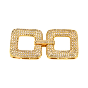 Detailed view of gold plated rectangular interlocking jewelry connector with pavé zircon